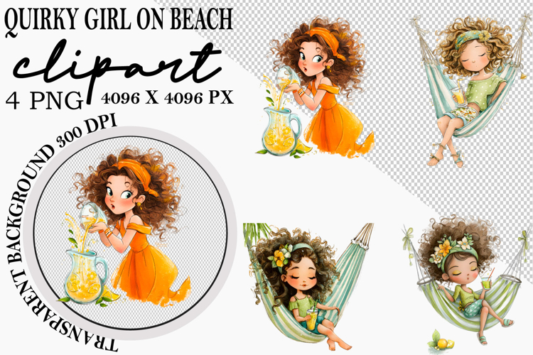 Whimsical Quirky Girl on Beach PNG Clipart Watercolor png