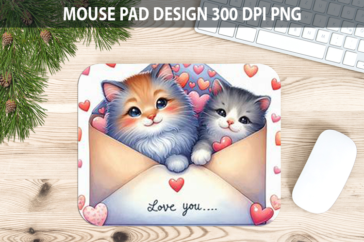 Watercolor Cat Mouse Pad Sublimation - Valentines PNG