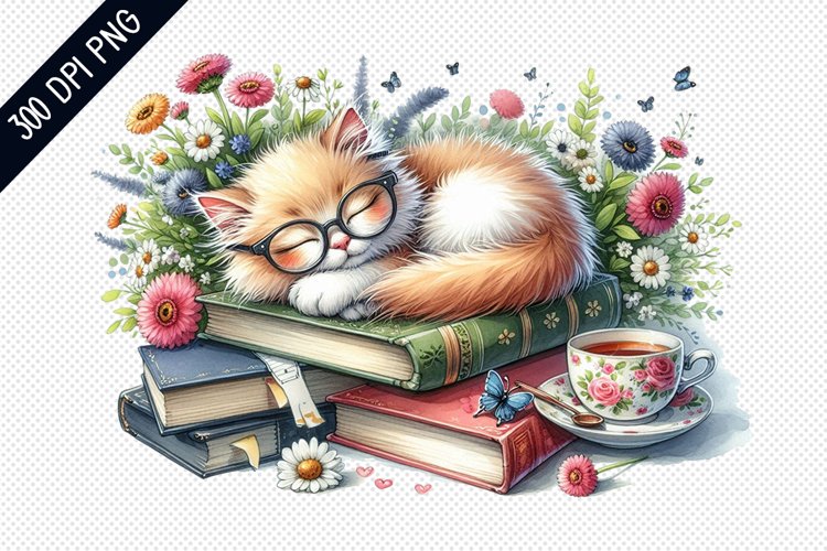 Books And Sleeping Cat Sublimation - Clipart PNG Design