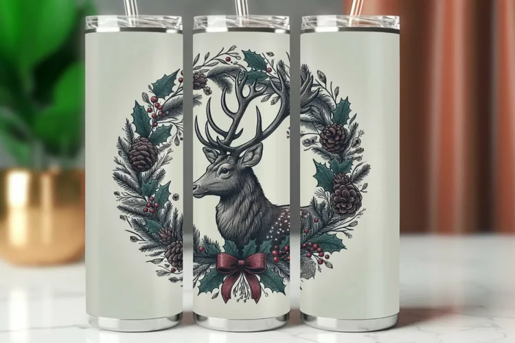 Tumbler Wrap 20 oz - reindeers with wreath