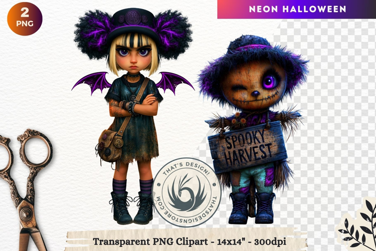 Neon Halloween Character Clipart Spooky Kawaii witch PNG
