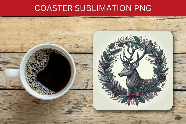 square coaster - reindeer in wreath