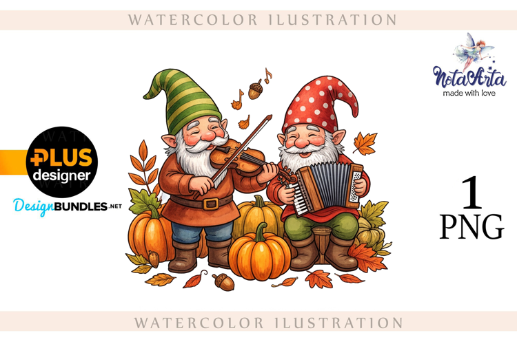 Gnomes with Pumpkin Harvest in Watercolor Style