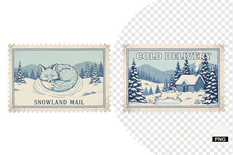 Vintage Winter Postage Stamps Clipart example image 1