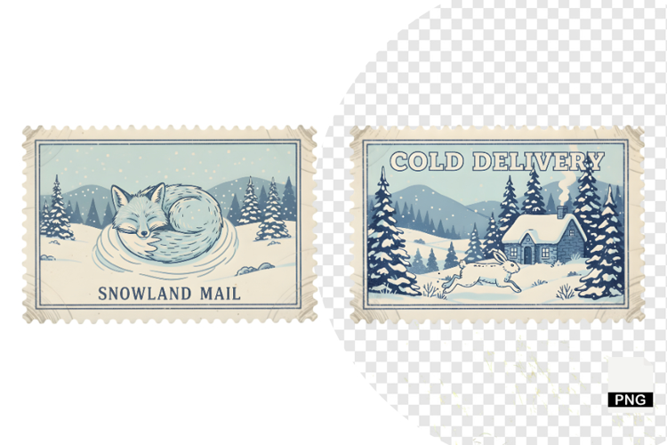 Vintage Winter Postage Stamps Clipart