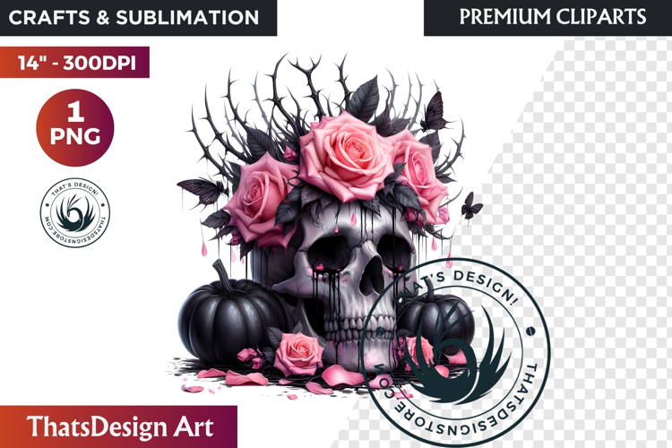 Pink and Black Gothic Halloween Skulls Clipart, pastel goth