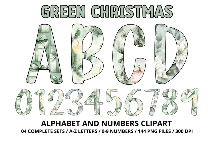 Sage Green Christmas Alphabet Png Clipart, letters doodle