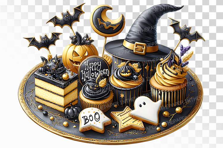 Black Gold Halloween Dessert Plating PNG