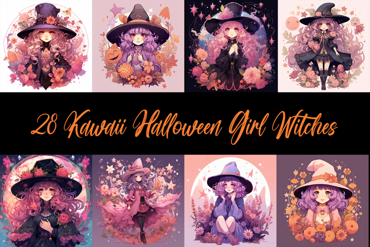 28 Halloween Girl Witches Kawaii Illustration JPG Collection