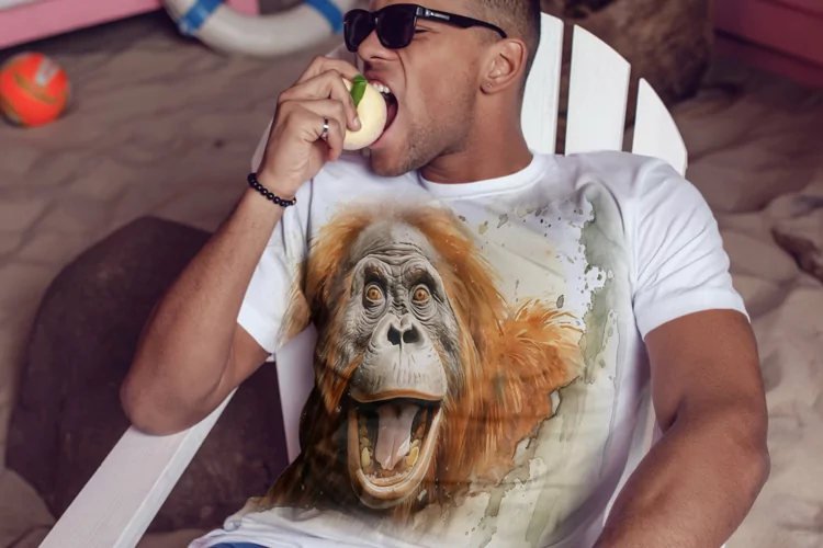 Orangutan funny Animal head peeking on white background