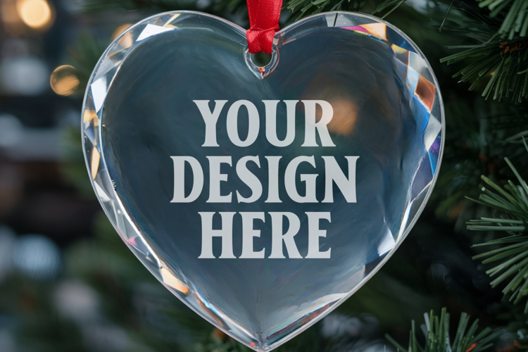 Christmas Heart Crystal Glass Ornament Mockup | Clear Heart