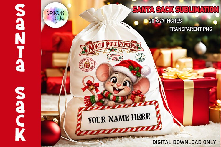 Christmas Mouse Santa Sack Sublimation PNG example image 1