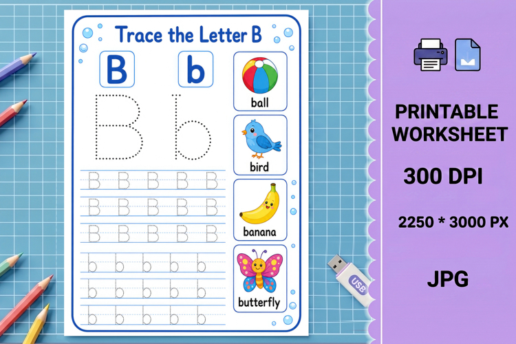 Letter b uppercase printable alphabet tracing worksheet