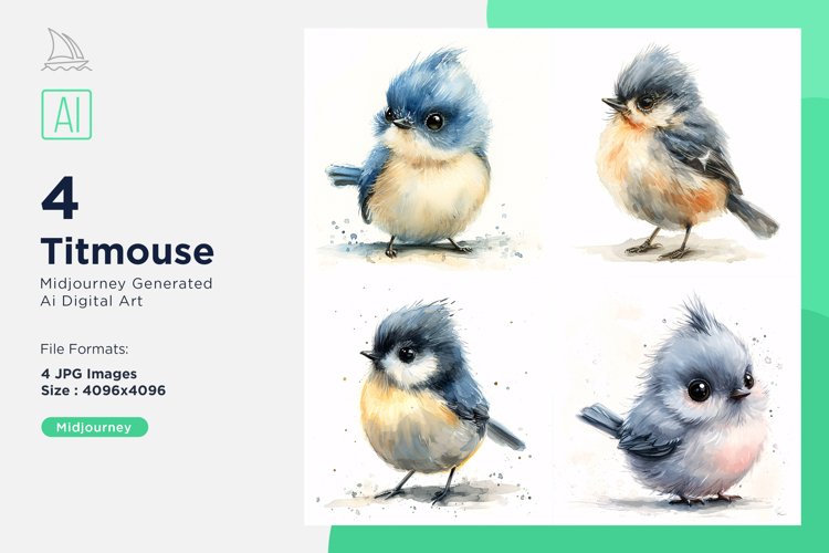 Cute Titmouse Bird Baby Watercolor illustration Set 4