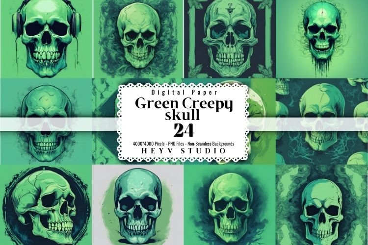 Green Halloween Creepy Skeleton Digital Paper, Evil Skeleton