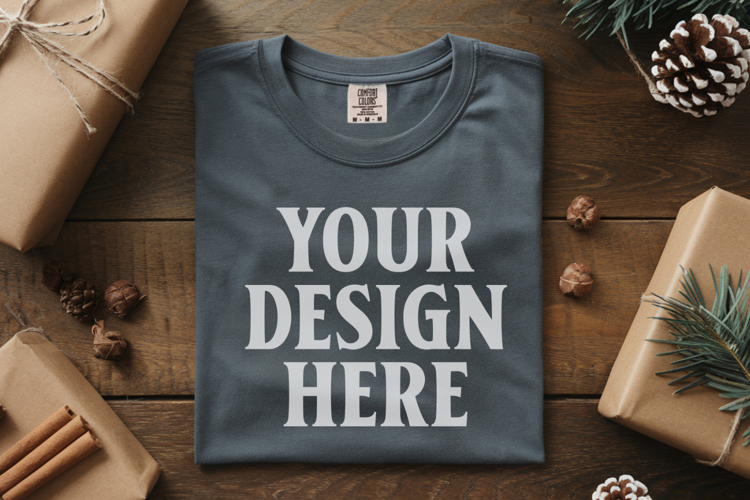 Slate Comfort Colors 1717 Christmas Folded T-Shirt Mockup