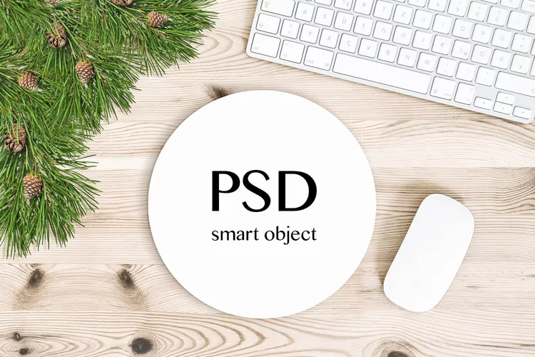Round mouse pad mock up. Office desk Christmas round mockup