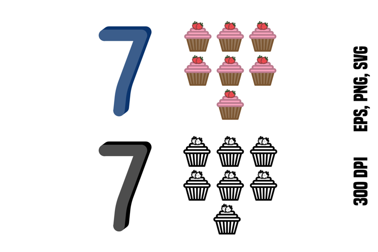 Number Seven and Cupcakes. Color and Line