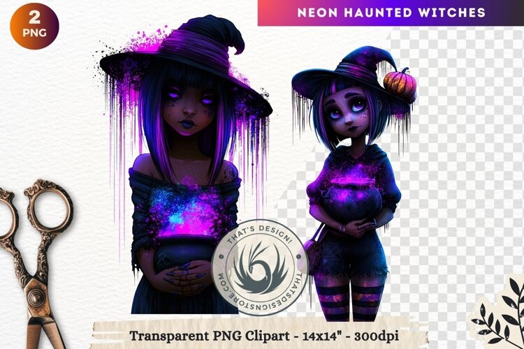 Neon Haunted Witches Clipart, Spooky Kawaii Halloween PNG example image 1