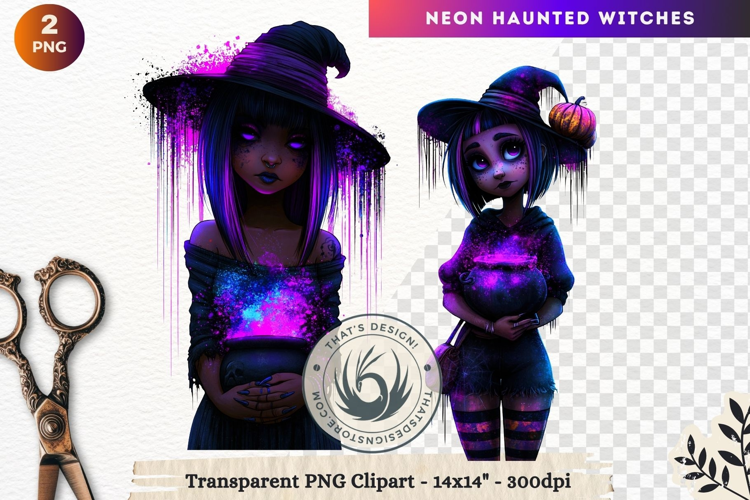 Neon Haunted Witches Clipart, Spooky Kawaii Halloween PNG