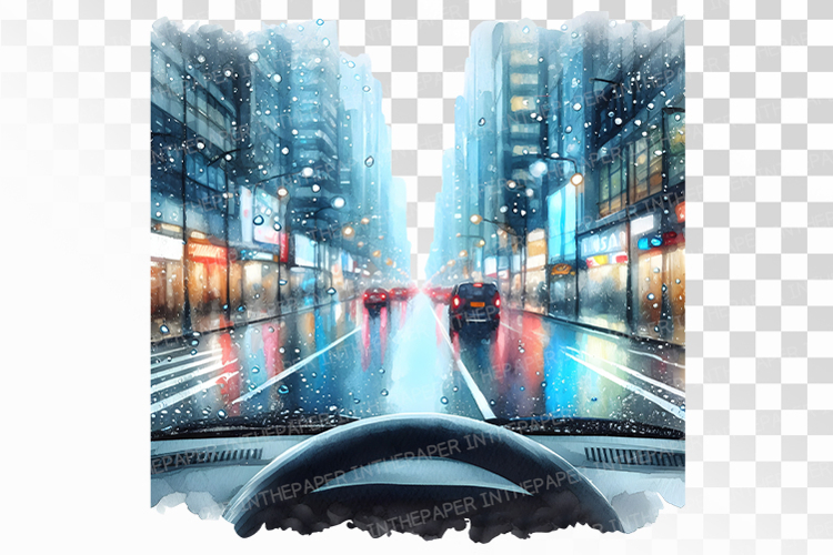 Watercolor Drivers View of Rainy Alley Street Scene PNG