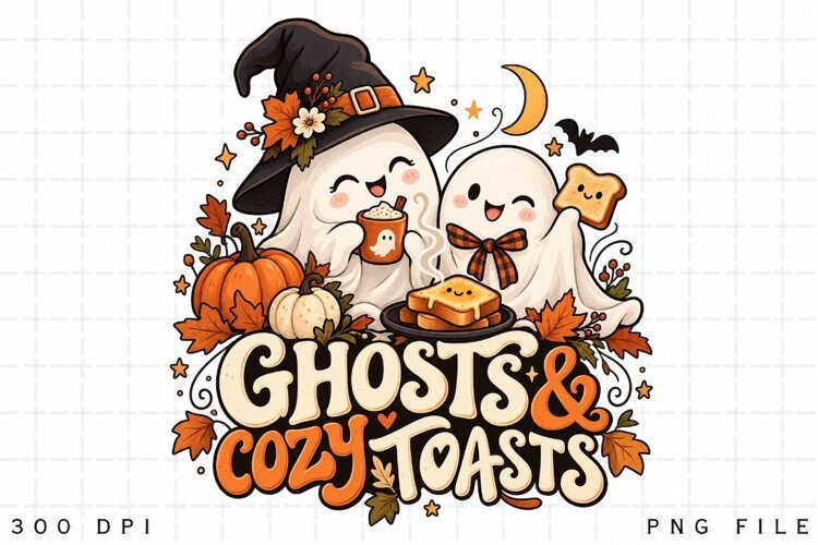Ghosts and Cozy Toasts Halloween Sublimation Design, Cute example image 1