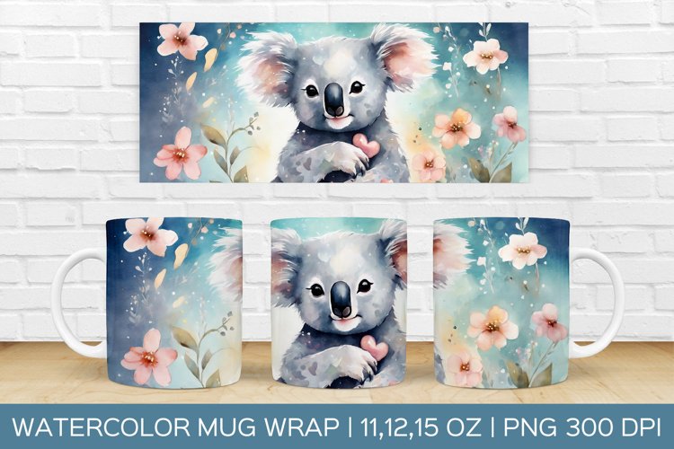 Cute Koala Mug Wrap|Flower Mug Watercolor Design