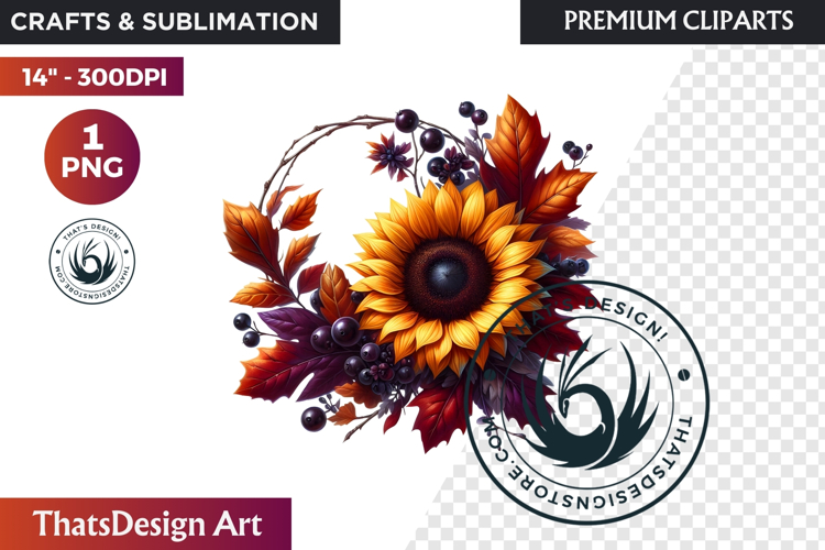 Sunflower Autumn Wreath - Rustic Farmhouse Harvest PNG