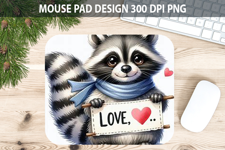 Watercolor Raccoon Mouse Pad Sublimation - Valentines PNG