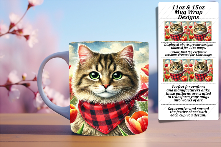 Beautiful 15oz Mug Wrap Png Design , Cute Cat
