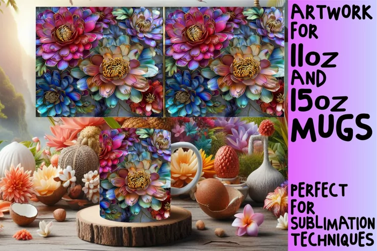 Elegant 3D Flower Delight Mug Wrap: Sublimation