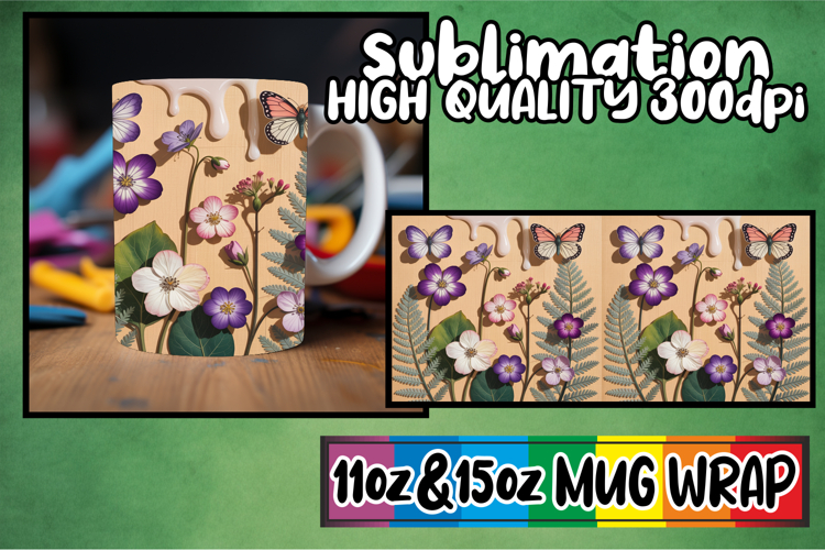 Joyful vibes sublimation mug wrap, 3D Flowers