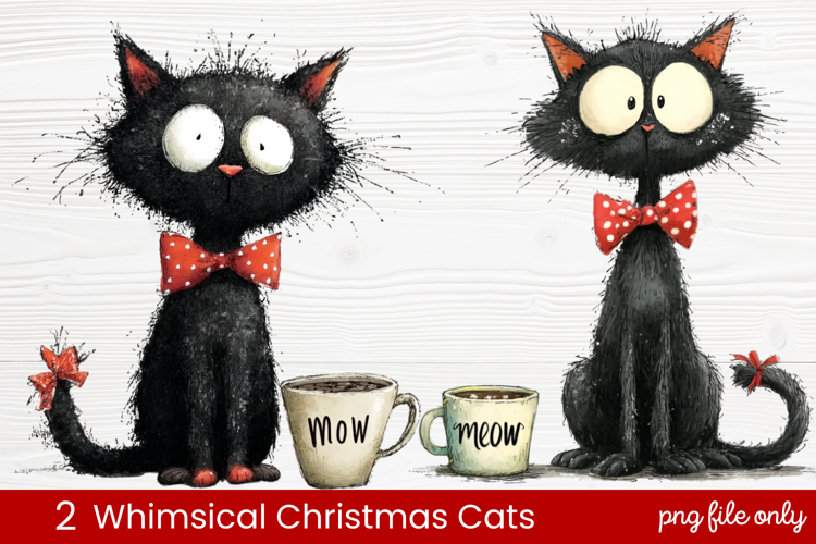 2 Whimsical Christmas Cats Clipart | Cute Holiday Cat PNG