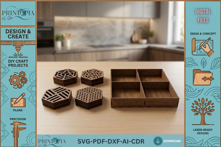 Geometric Laser Cut Coasters and Box Design Modern Wood Coas