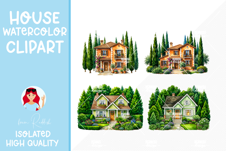 4 Cozy Watercolor House Clipart