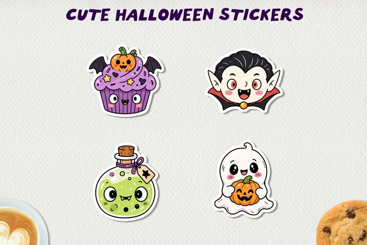 Cute Halloween Printable Stickers, Kawaii Spooky PNG. example image 1