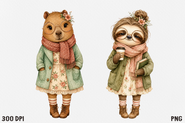 Cute Cottagecore Animal Watercolor Clipart PNG