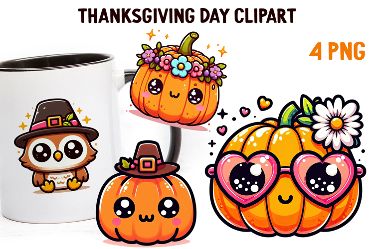 Cute Kawaii Thanksgiving Clipart | Fall Pumpkin Turkey PNG