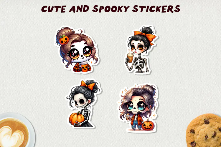 Spooky Skeleton Girls Stickers Halloween Clipart Kawaii Fall