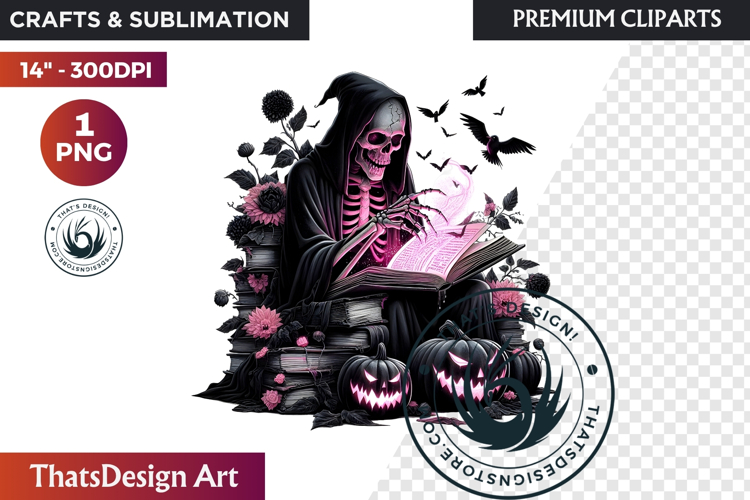 Pink & Black Gothic Halloween Skeleton Clipart PNG, Skull