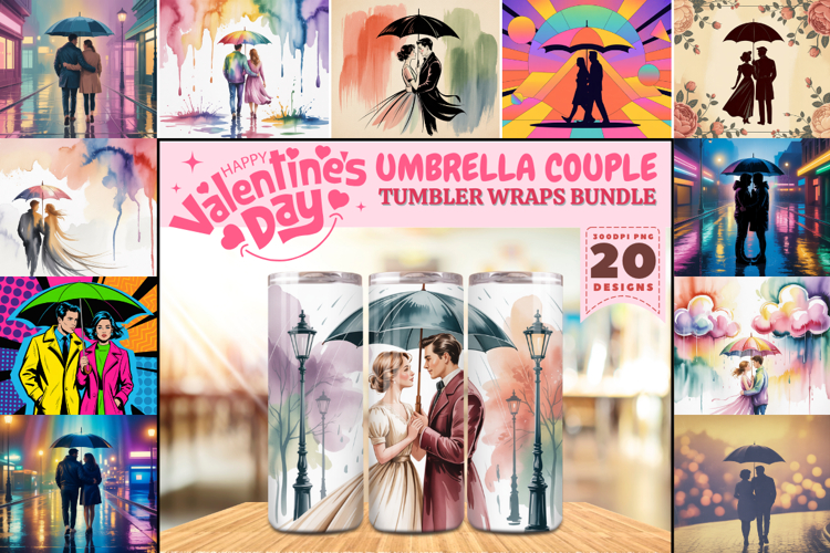 Valentine’s Day Umbrella Couple Tumbler Wrap PNG Big Bundle
