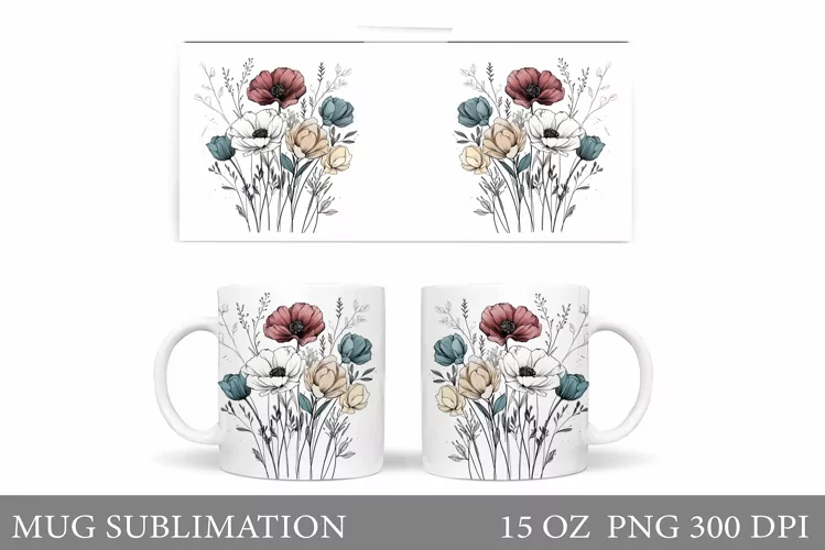 Flowers Mug Wrap Design. Wildflowers Mug Sublimation