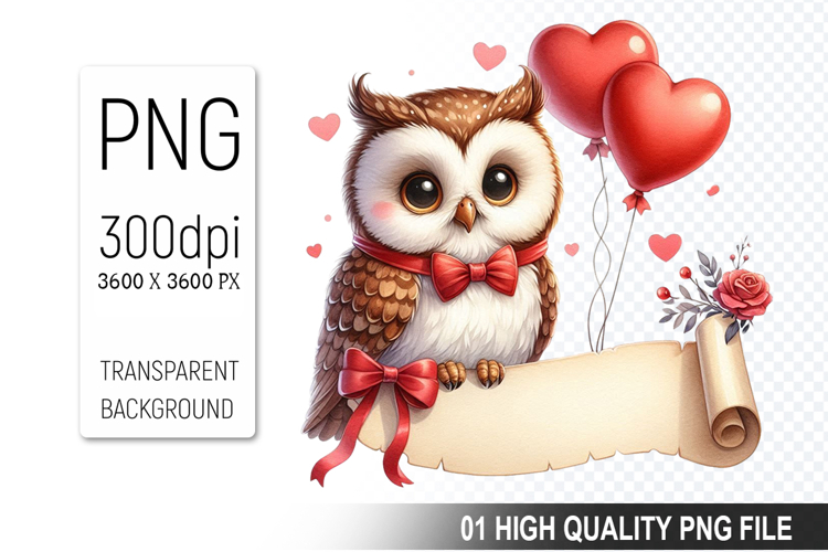 Cute Owl Clipart PNG, Valentines Day Animal PNG File