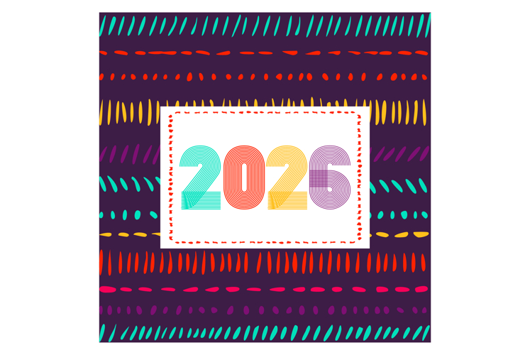 Retro cover with horizontal colorful 2026 number on purple