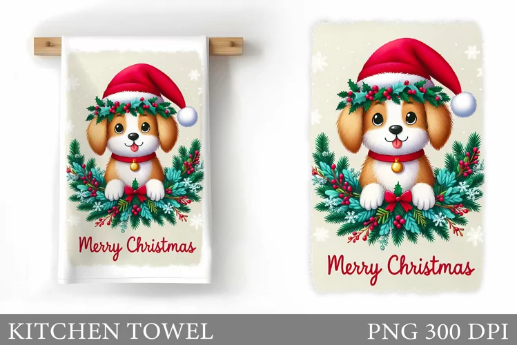 Cute Dog Kitchen Towel. Christmas Dog Kitchen Towel Design