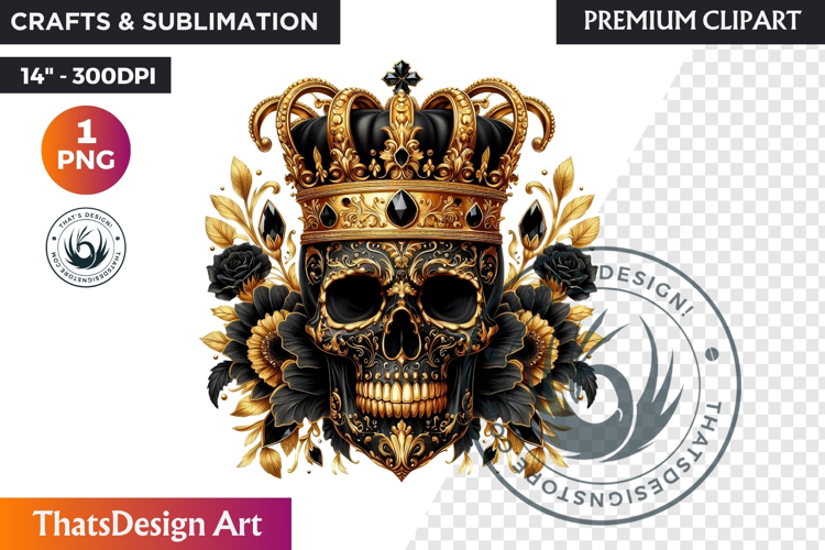 Floral Black Gold Sugar Skull Day of the Dead Clipart PNG
