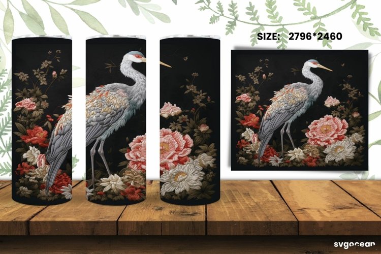 Crane Embroidery Tumbler Wrap | Skinny 20 oz | Sublimation