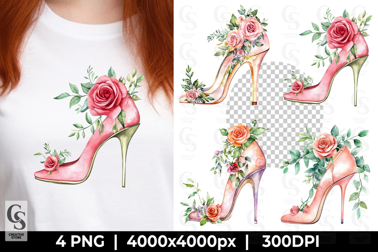 Floral High Heel Shoe Watercolor Clipart PNG