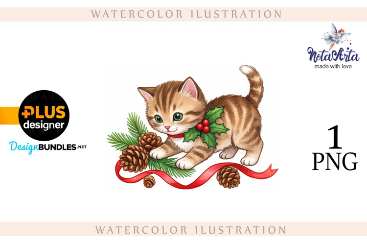 Christmas Kitten in Watercolor Style