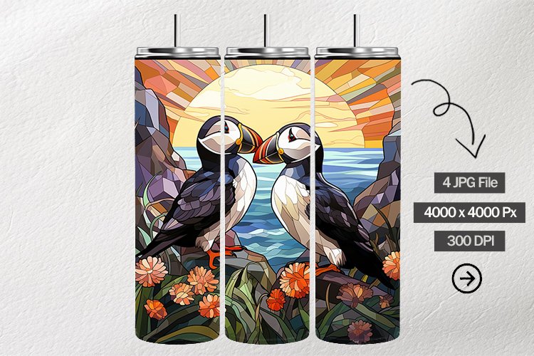 Puffins Stained Glass Square Coaster - 4 Variation example image 1